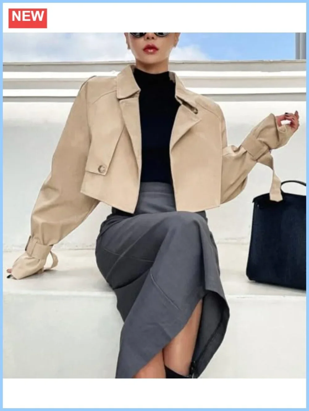 Women's Cropped Trench Coat Double-Breasted Long Sleeve Cotton Fashion Jacket